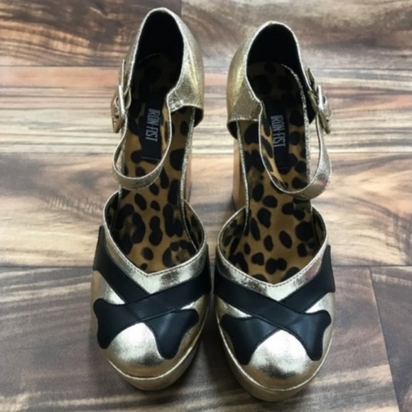 Iron Fist Gold and black cross bone block platform heels 7 - Picture 4 of 11